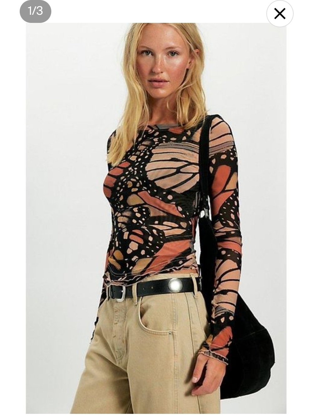 Free People Sheer Butterfly-Print Long Sleeve Top in Black & Rust